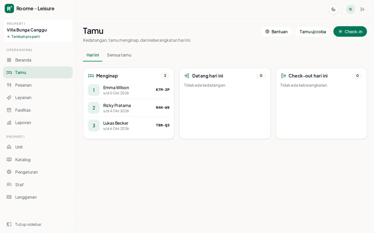 Konsol Roome - Leisure, halaman Tamu: tiga kamar yang sedang menginap dengan nama tamu, tanggal check-out, dan kode akses masing-masing.