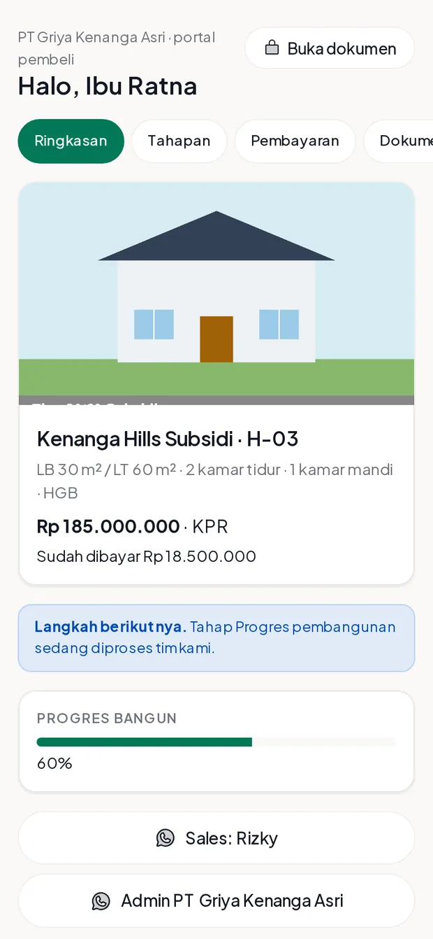 Portal pembeli Roome - Sell di ponsel: unit yang dibeli, harga dan jumlah yang sudah dibayar, langkah berikutnya, progres bangun 60%, dan tombol WhatsApp ke sales dan admin.